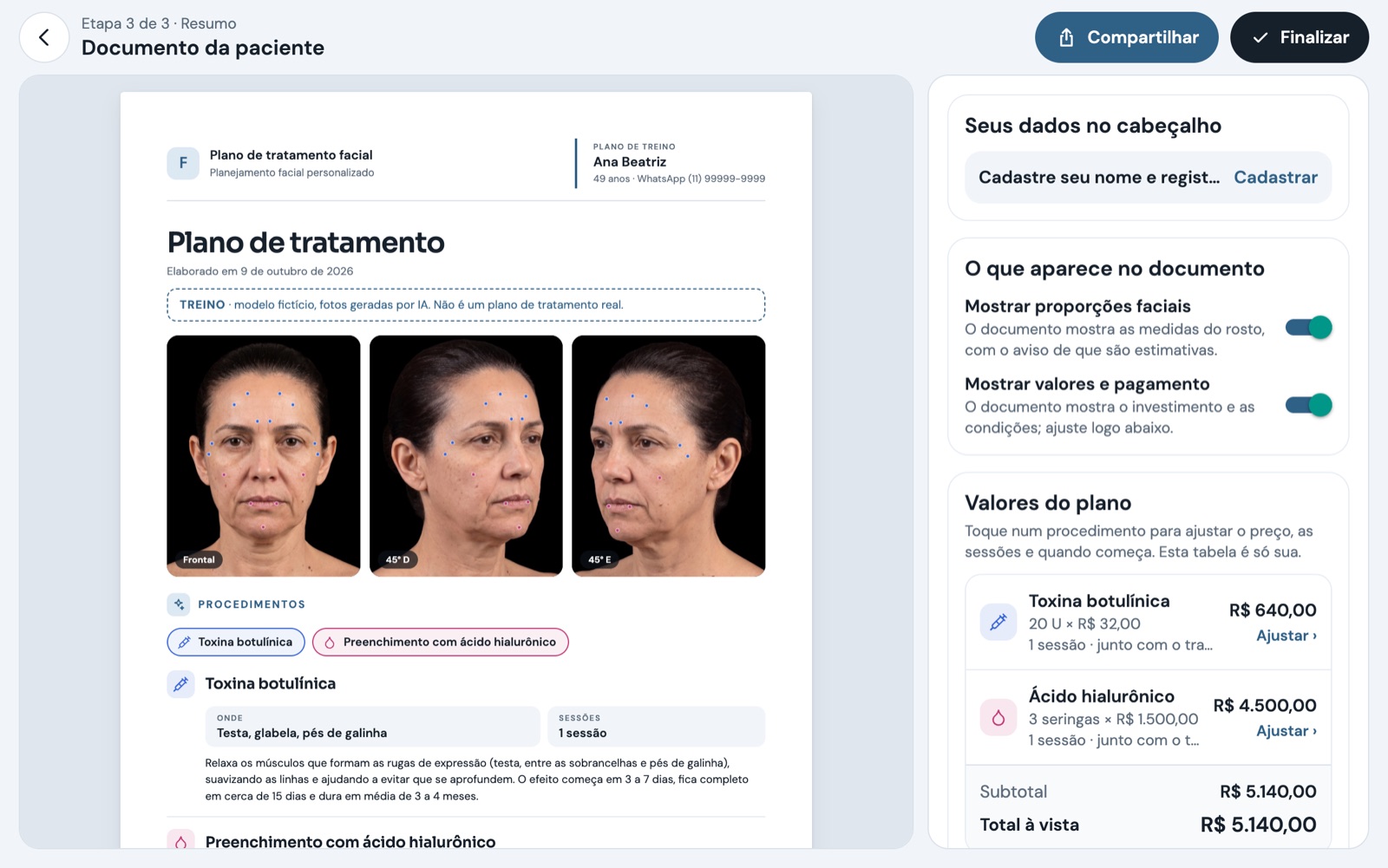 Prévia do documento em PDF ao lado dos ajustes do plano